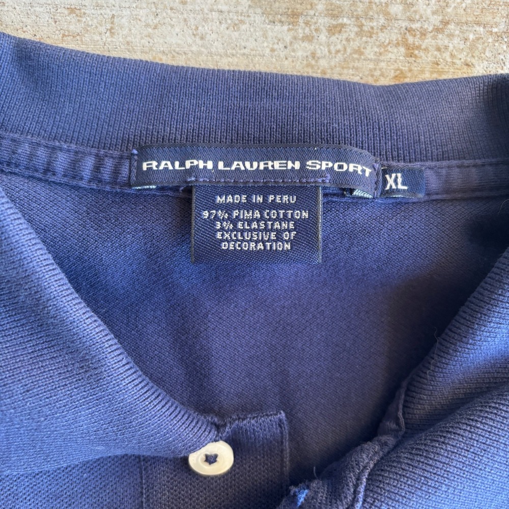 Y2K Ralph Lauren Sport Navy Blue Pima Cotton Sash Stripe Polo Shirt XL Big Pony - Picture 2 of 7